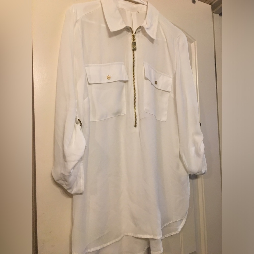 Michael Kors White Long Sleeve Blouse with Gold Zipper